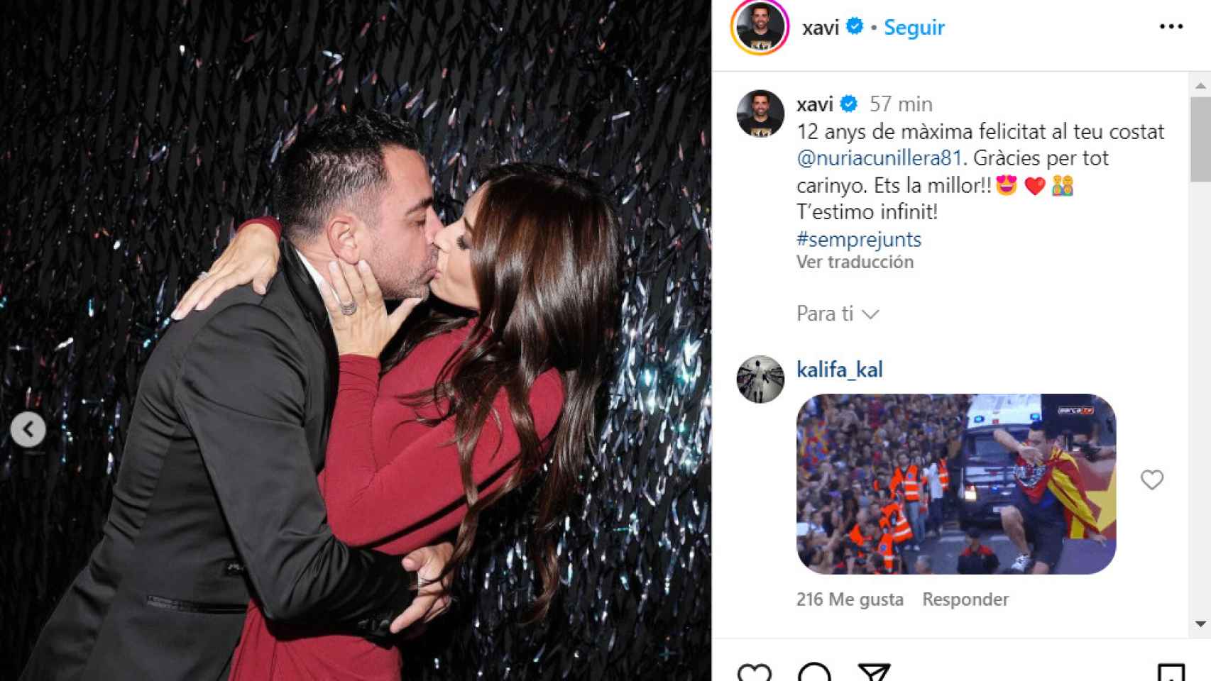 La romántica felicitación de Xavi a su esposa, Nuria Cunillera