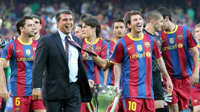 Laporta y Messi celebran el título de la Liga del Barça en la 2010-11