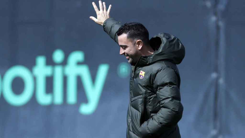 Xavi, en el entrenamiento del Barça antes del partido contra el Atlético