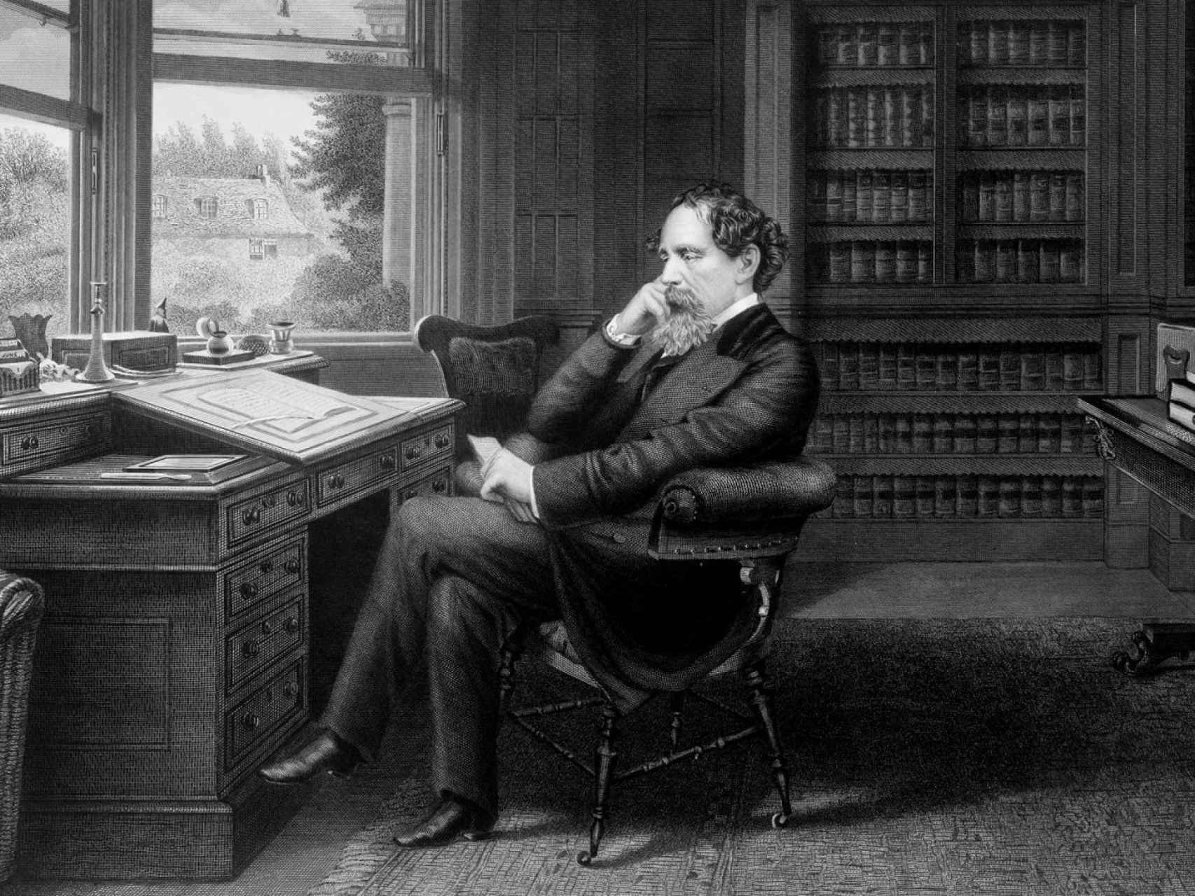 Grabado de Charles Dickens en su estudio