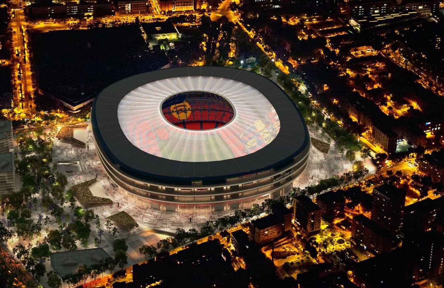 Vista del nuevo Camp Nou por la noche