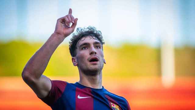 Diego Pertejo festeja el gol de la victoria del Barça B en el Estadi Johan Cruyff