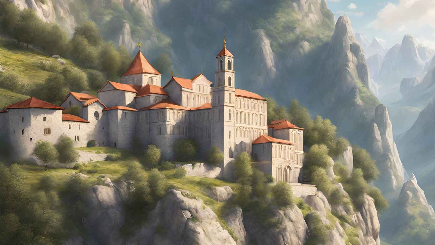 Imagen generada con IA de un monasterio en lo alto de una colina