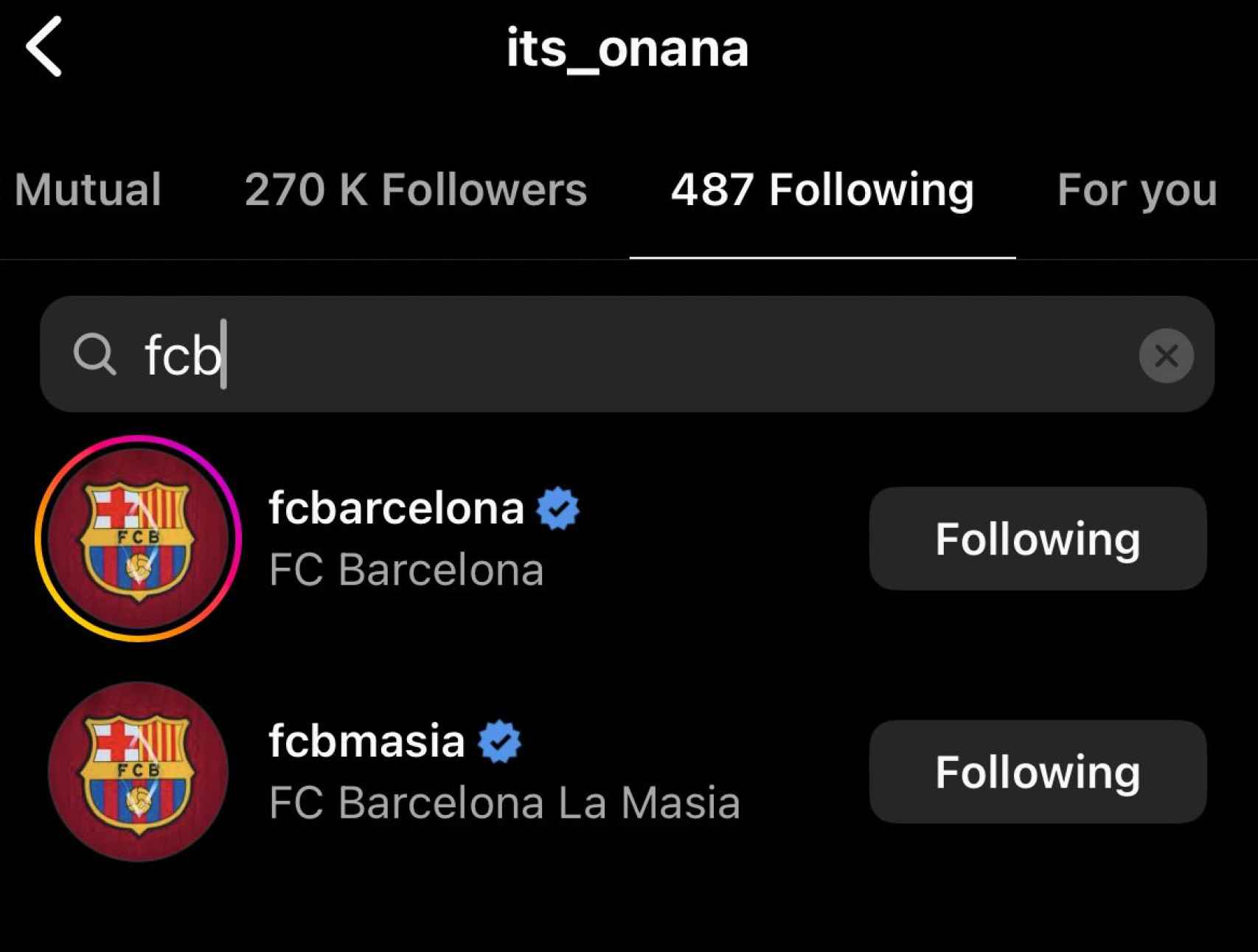 Onana sigue al Barça y la Masía en Instagram
