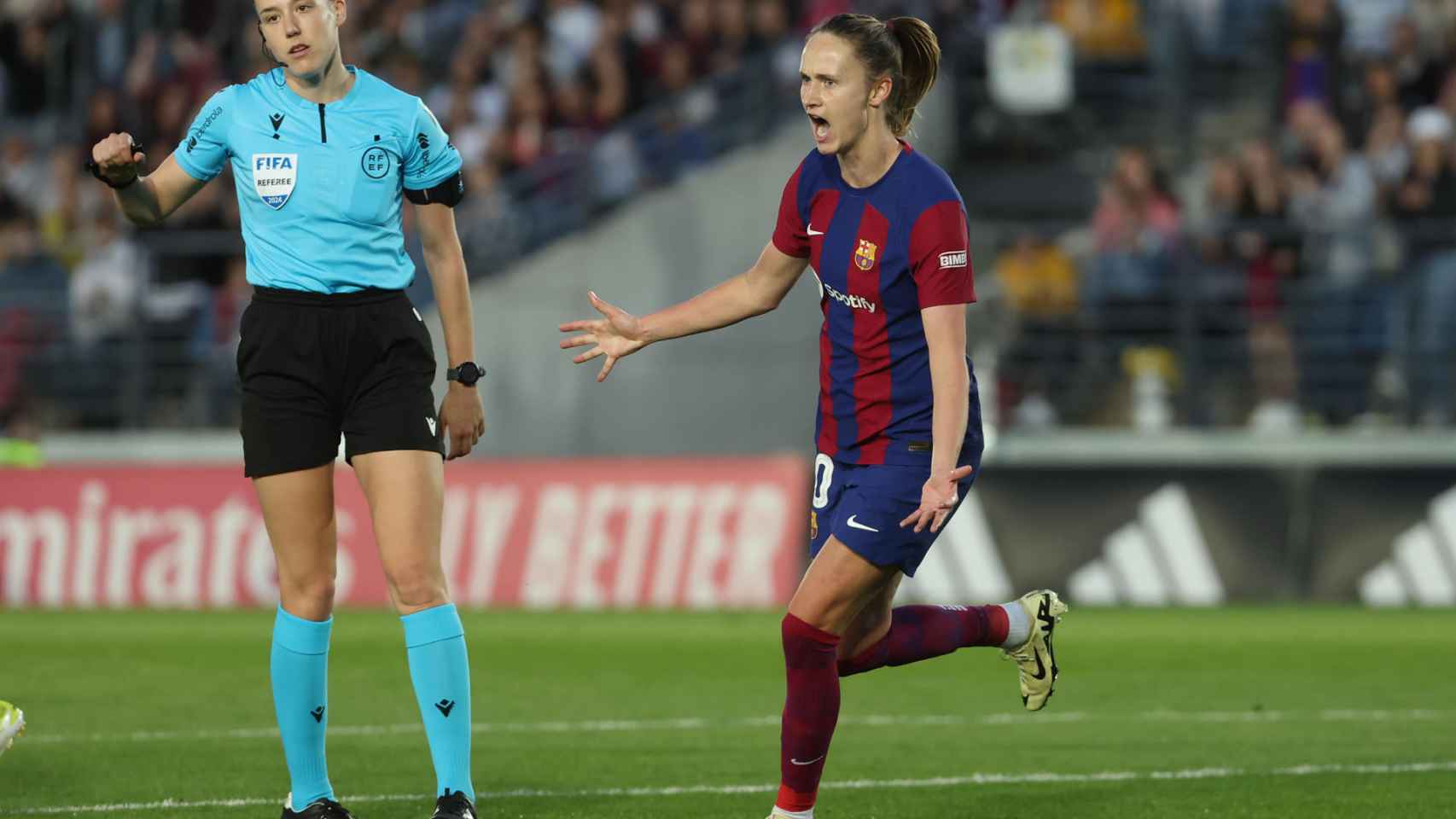 Caroline Graham Hansen celebra un gol contra el Real Madrid Femenino