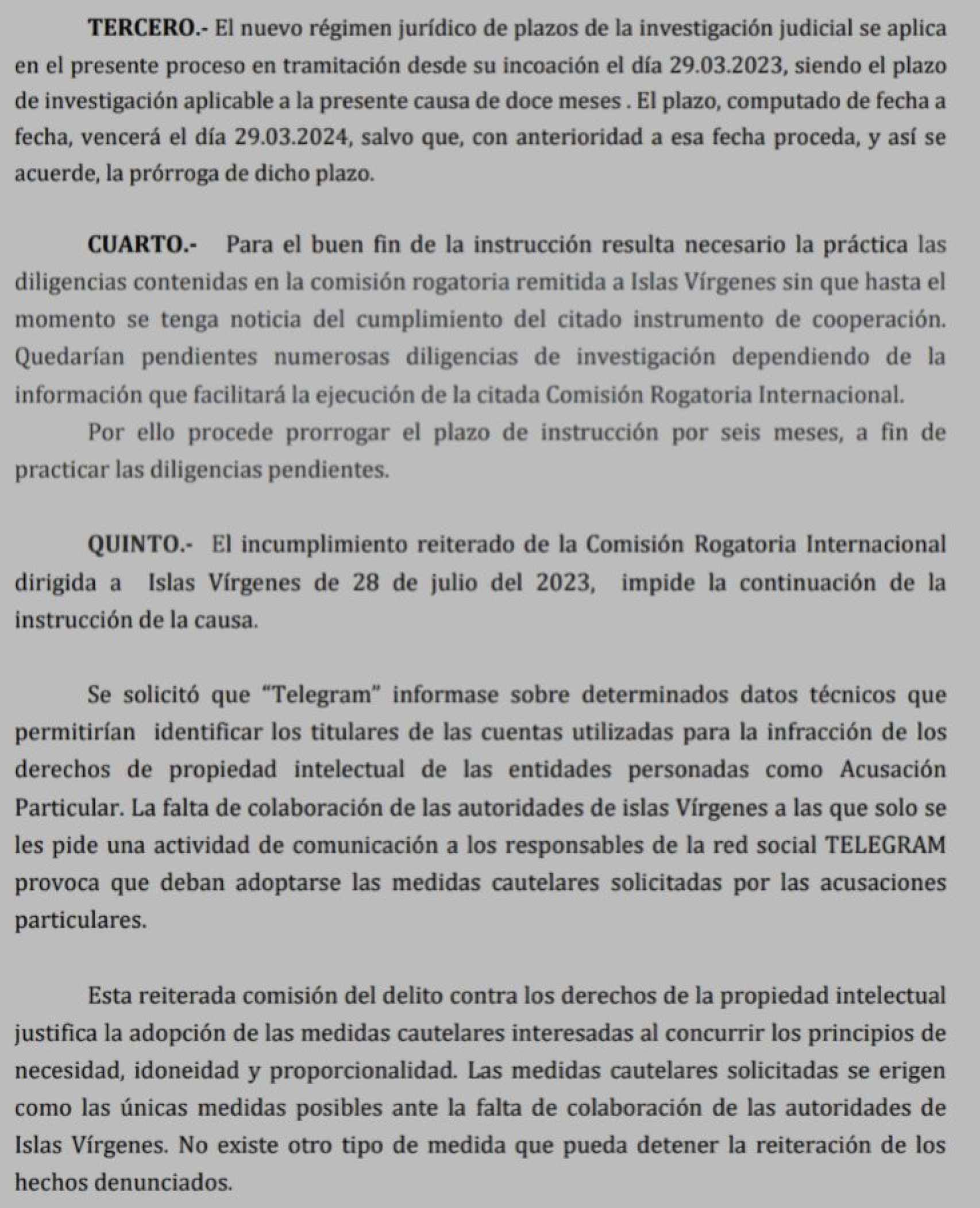 El auto del juez Santiago Pedraz que solicitaba el bloqueo de Telegram en España