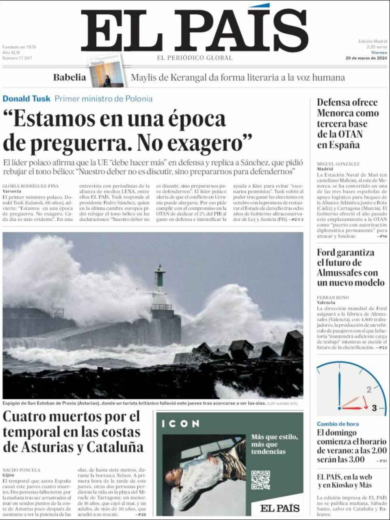 Portada de 'El País' de 29 de marzo de 2024