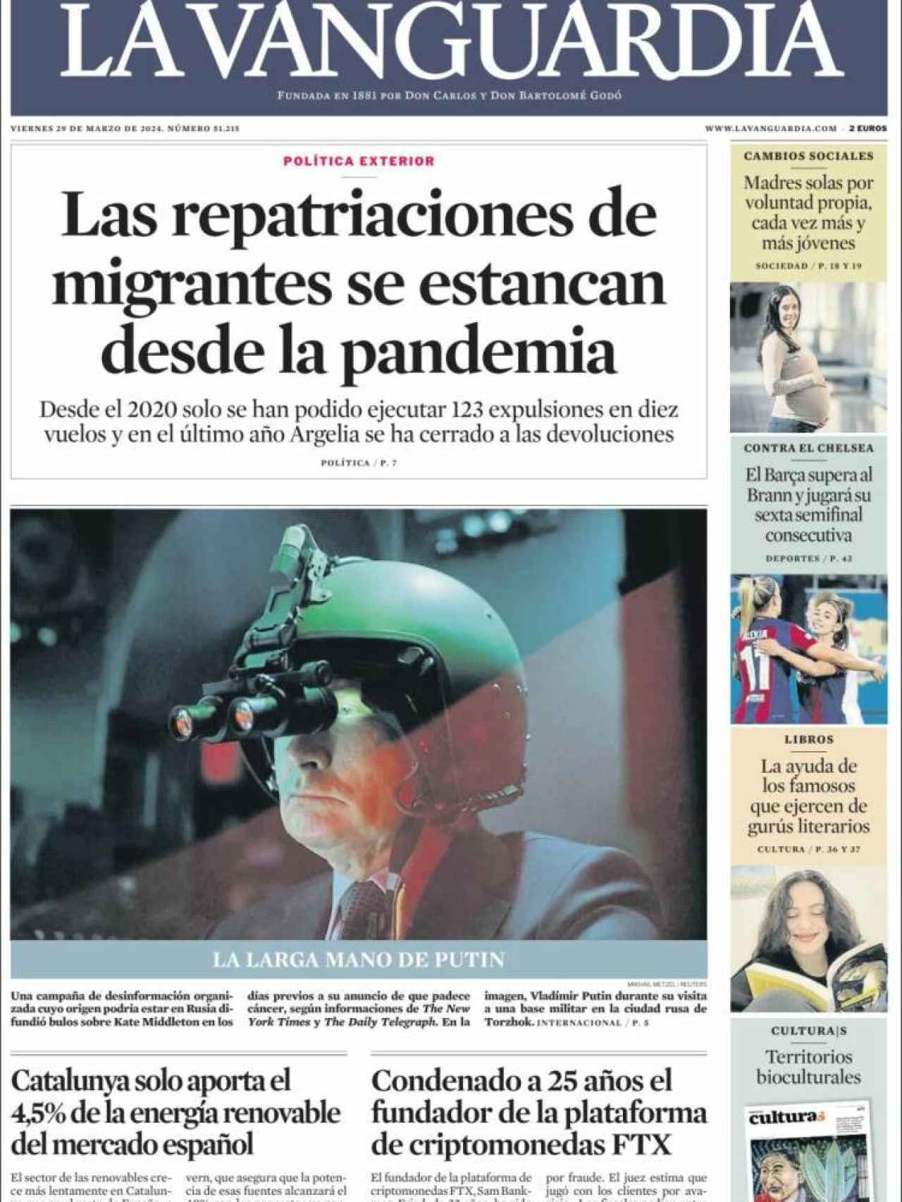 Portada de 'La Vanguardia' de 29 de marzo de 2024