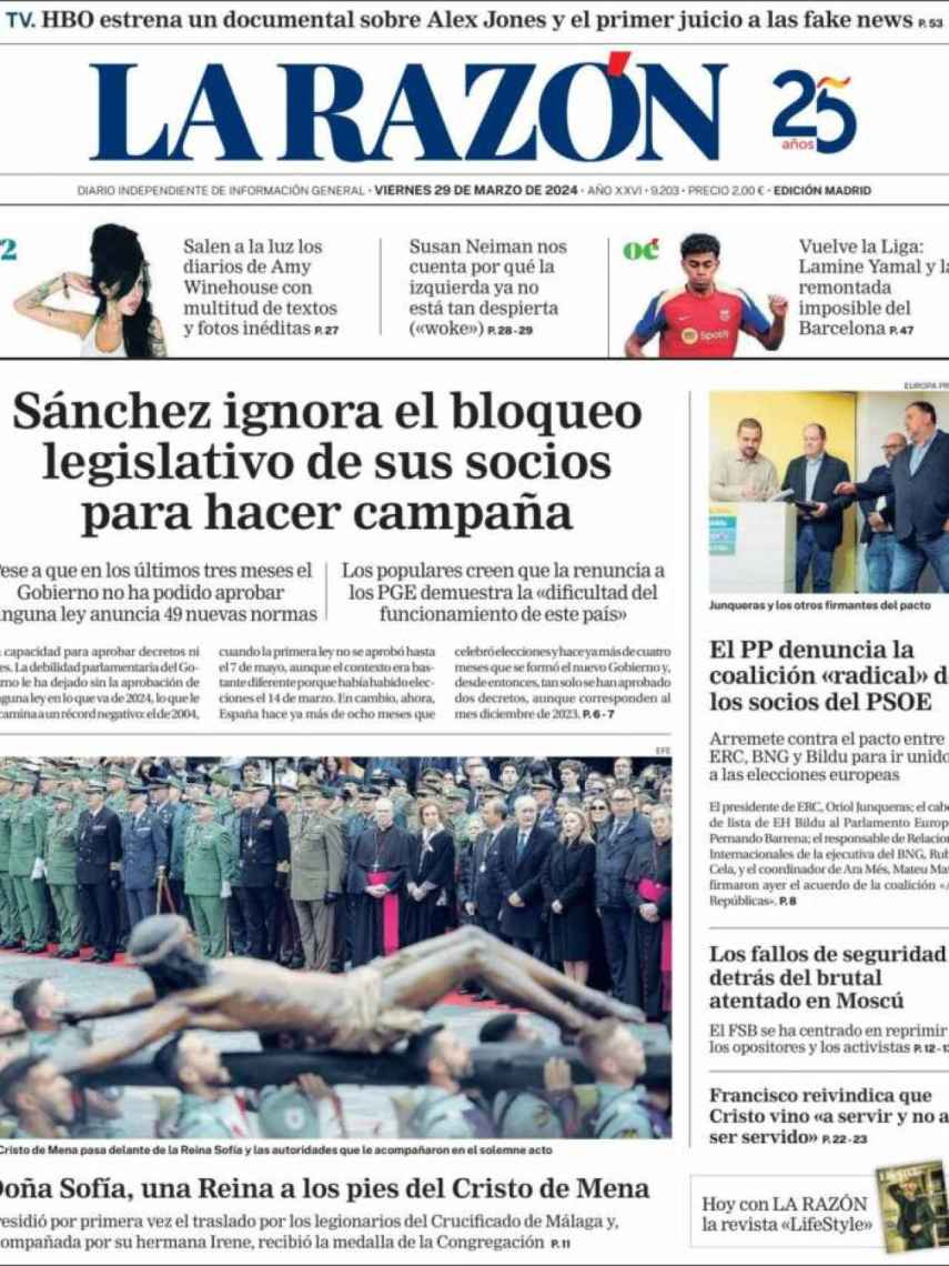 Portada de 'La Razón' de 29 de marzo de 2024