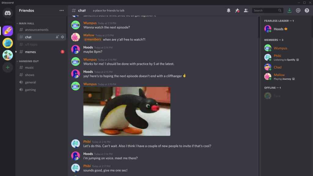 Un canal de Discord, plataforma social de chat por voz