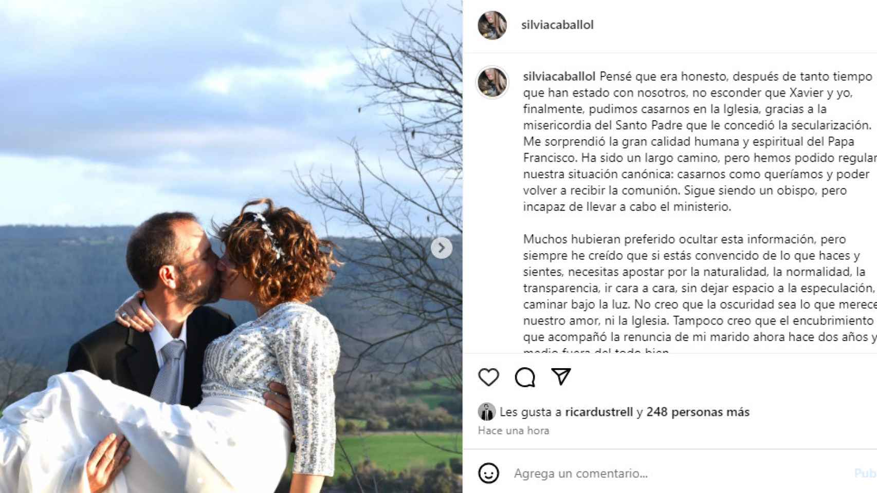 Mensaje de Instagram de Silvia Caballol sobre su boda con Xavier Novell
