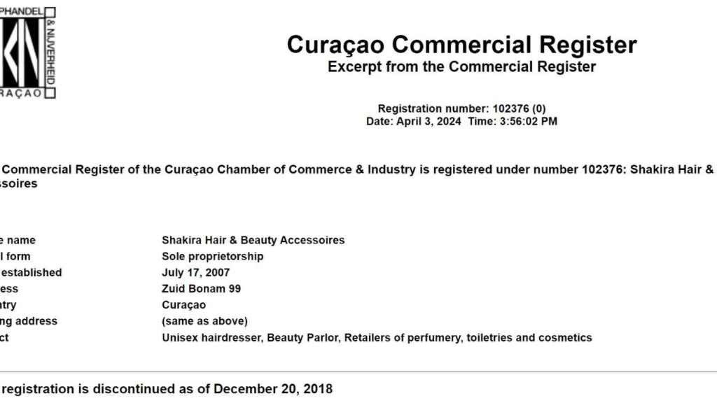 El registro de Shakira Hair & Beauty Accessoires en la Cámara de Comercio de Curaçao