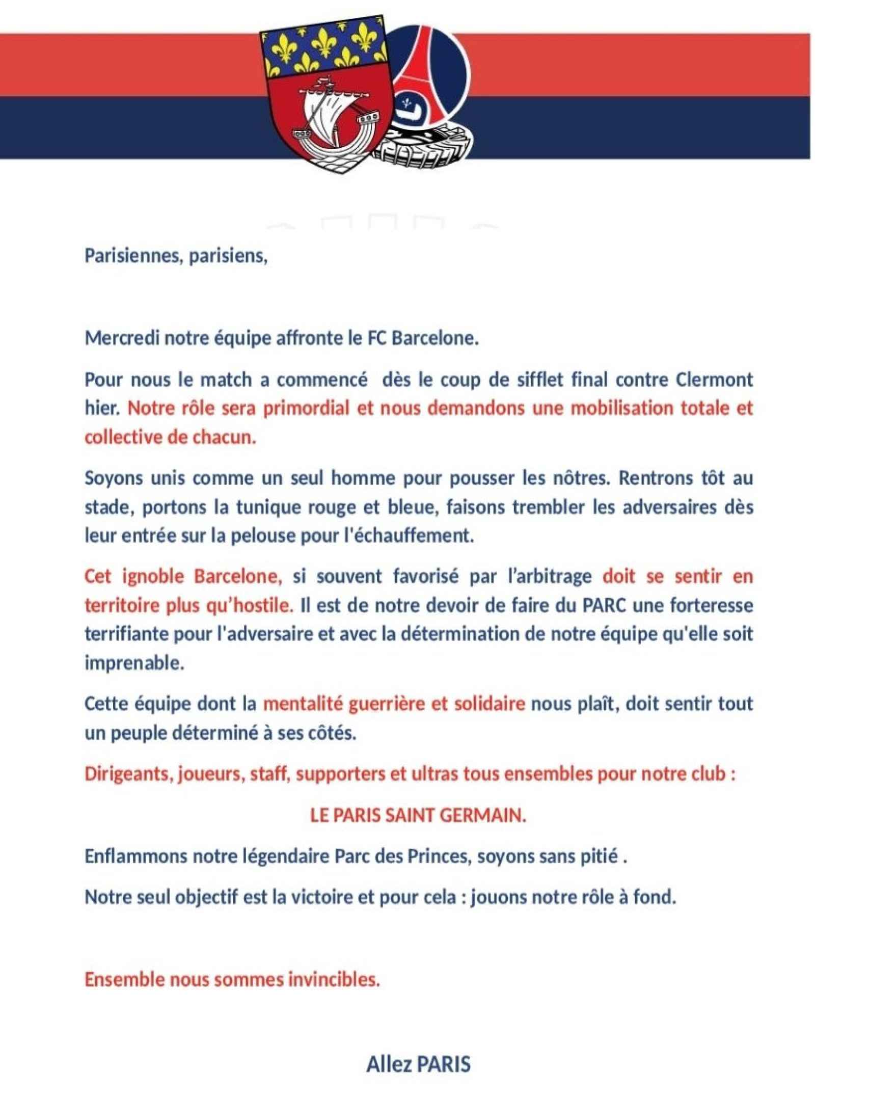 Los ultras del PSG emiten un comunicado hostil contra el Barça