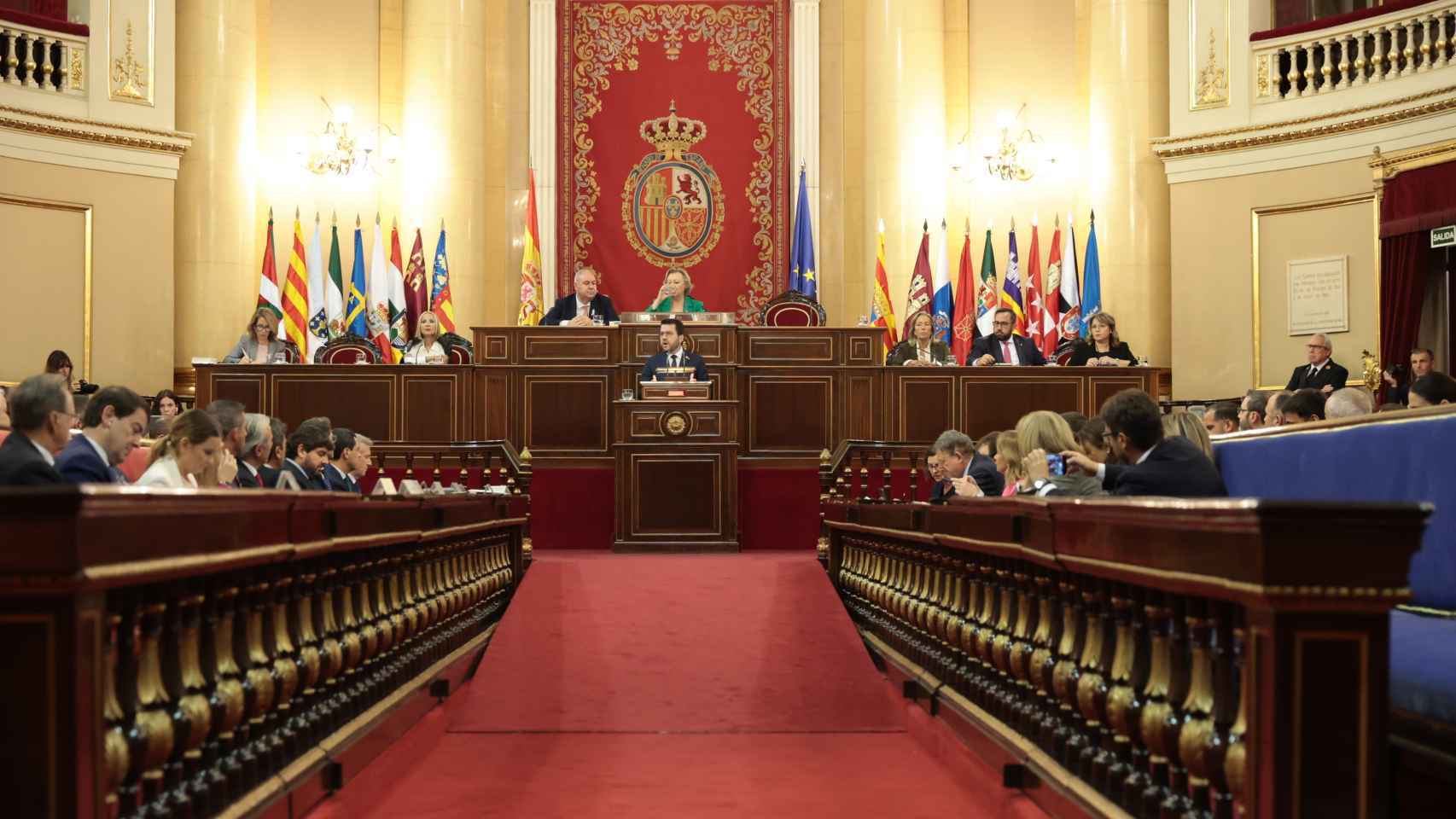 El presidente de la Generalitat de Cataluña, Pere Aragonès, interviene durante un debate tras la Comisión General de las Comunidades Autónomas, en el Senado, a 19 de octubre de 2023