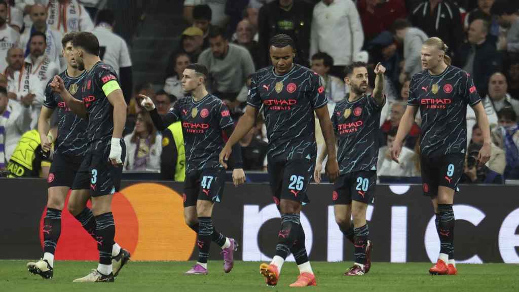 El Manchester City celebra el gol de Bernardo Silva contra el Real Madrid