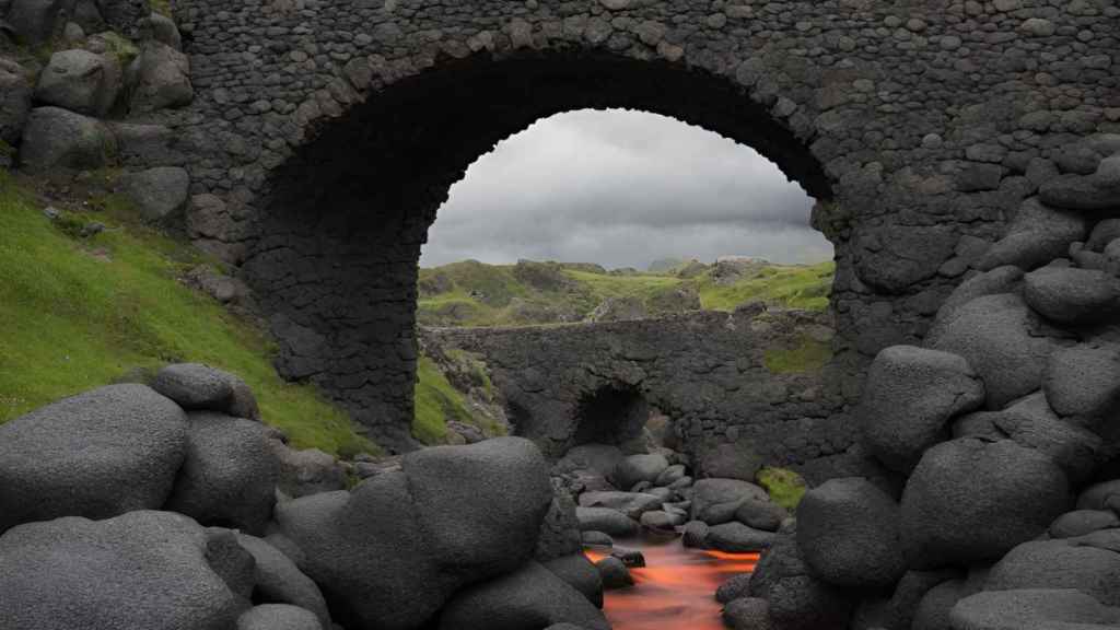 Puente medieval sobre un río de lava