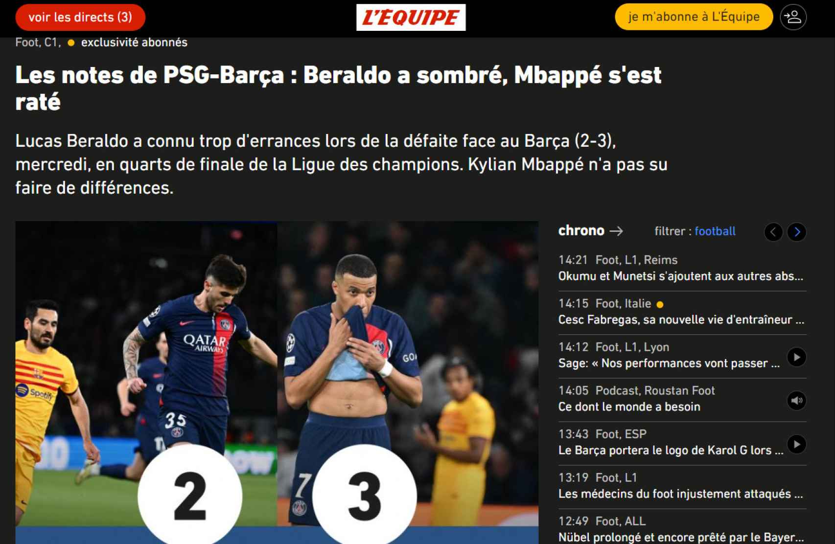 La nota del diario 'L'Équipe' a Kylian Mbappé en su partido contra el Barça