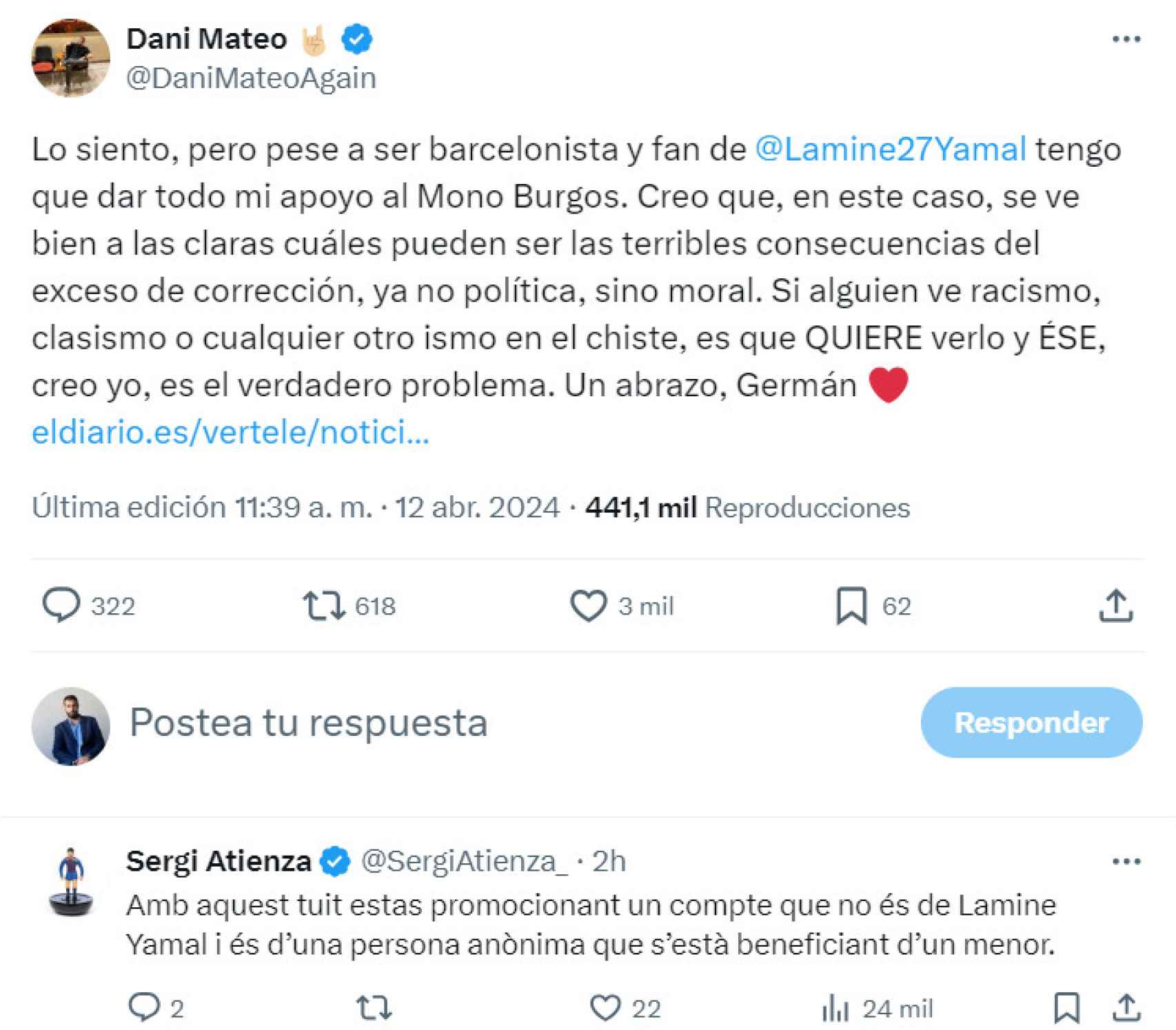 Dani Mateo defiende al Mono Burgos y Sergi Atienza le responde