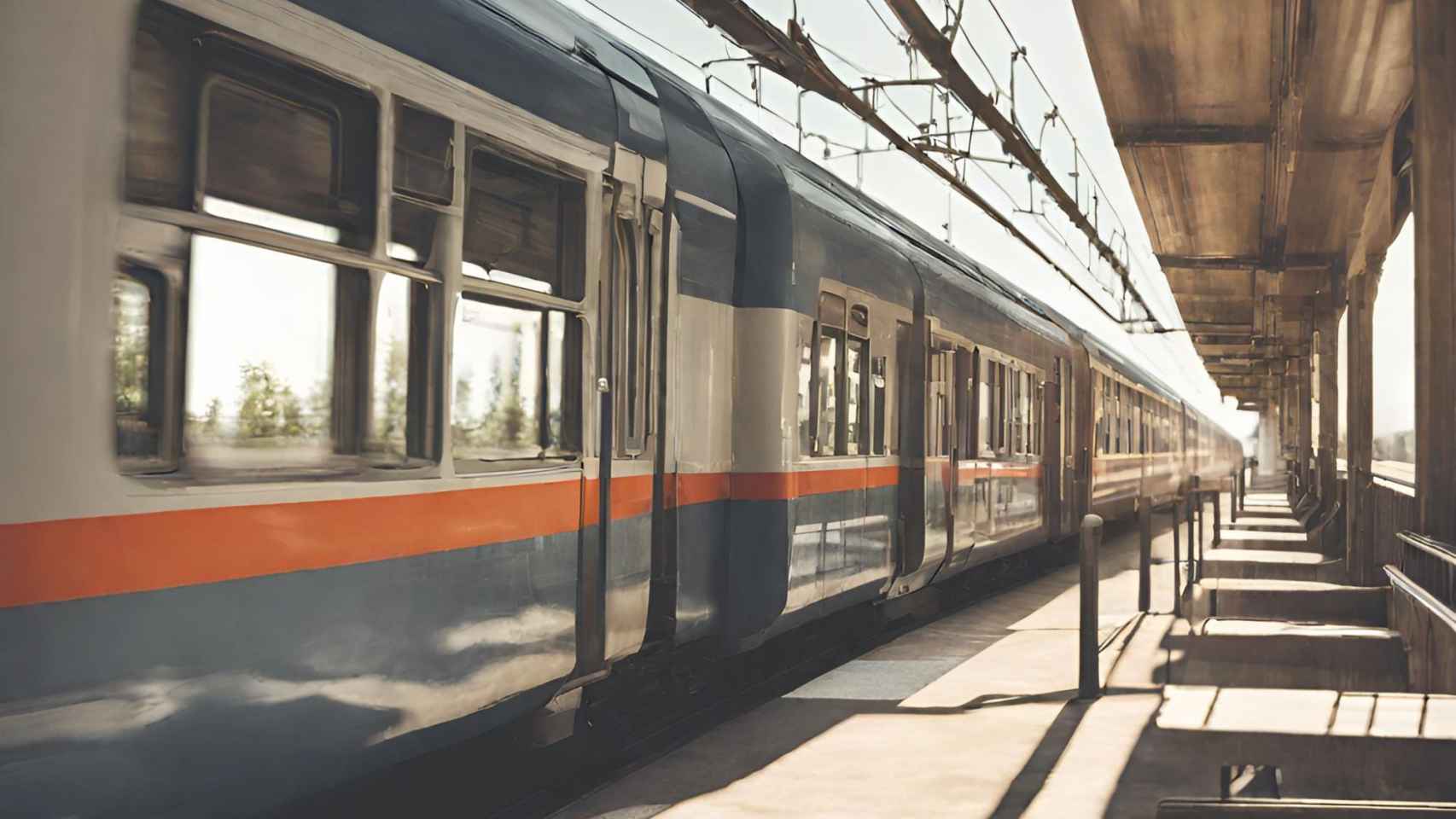 Tren modernista entrando en una estación generada con IA