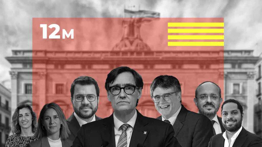Fotomontaje: los candidatos de los principales partidos a las elecciones del 12M, frente al Palau de la Generalitat