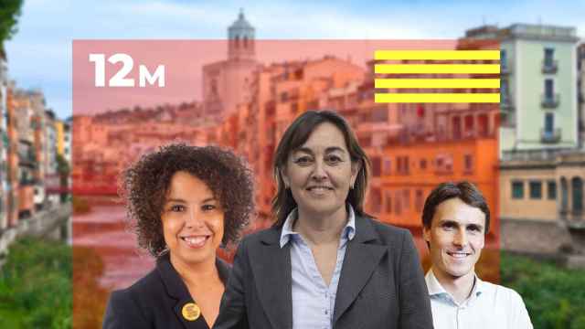 Fotomontaje, de izquierda a derecha: Laia Cañigueral (i), candidata de ERC, Sílvia Paneque, del PSC, y Salvador Vergés, de Junts, con Girona de fondo
