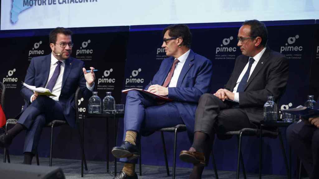 Pere Aragonès, Salvador Illa y Josep Rull en el primer debate de candidatos de Pimec