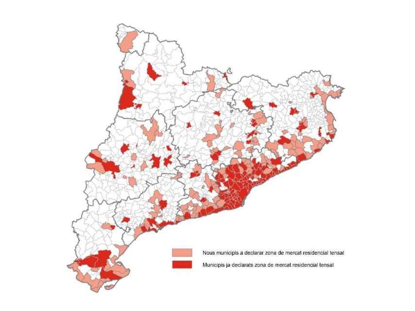 Mapa de los municipios catalanes que forman parte de las zonas tensionadas