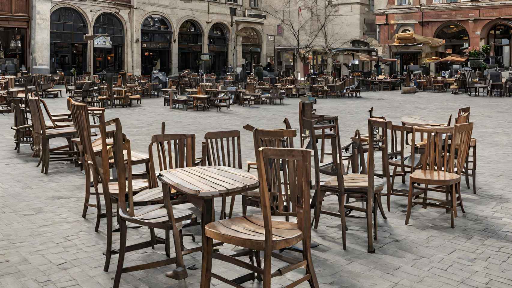 Imagen de la plaza de un pueblo repleta de sillas generado con IA