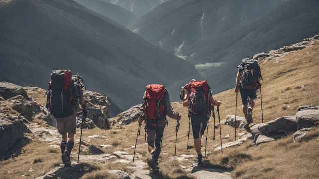 Grupo de senderistas caminando por la montaña