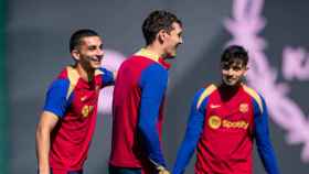 Ferran Torres, Christensen y Pedri, en el entrenamiento del Barça previo al clásico