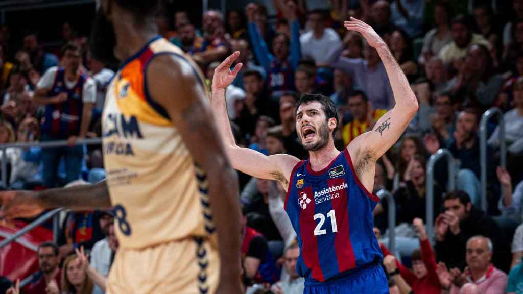 Abrines, eufórico, tras anotar un triple en la victoria del Barça contra el UCAM Murcia