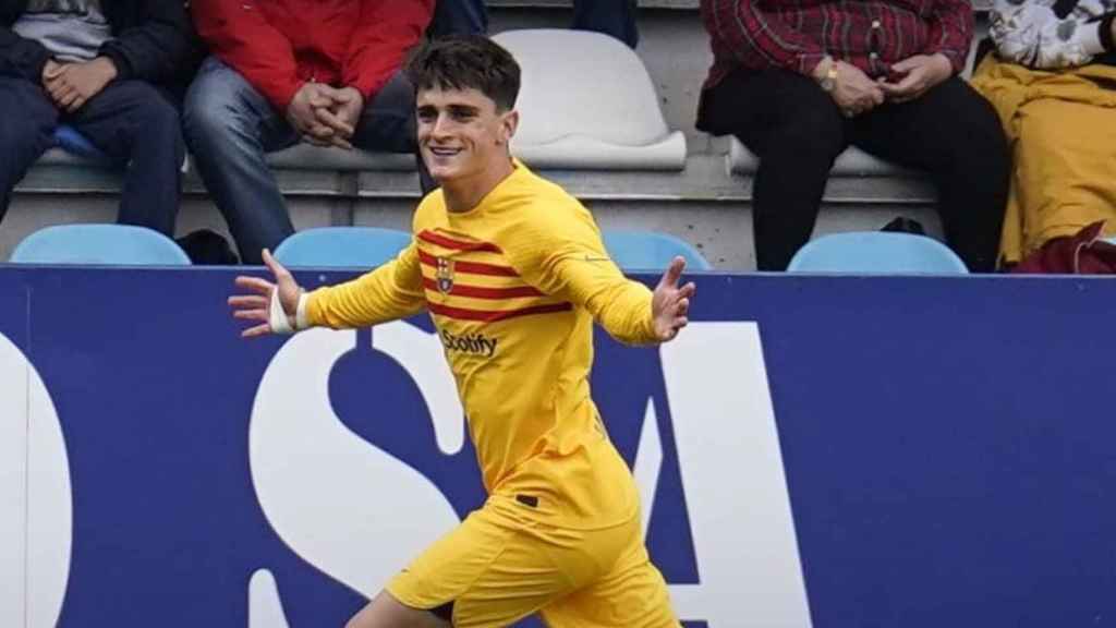 Pau Víctor celebra su gol anotado en la victoria del Barça B contra la Ponferradina