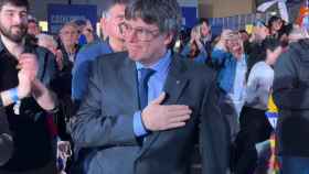 Carles Puigdemont, candidato de Junts+, en un mitin en Argelers (Francia)