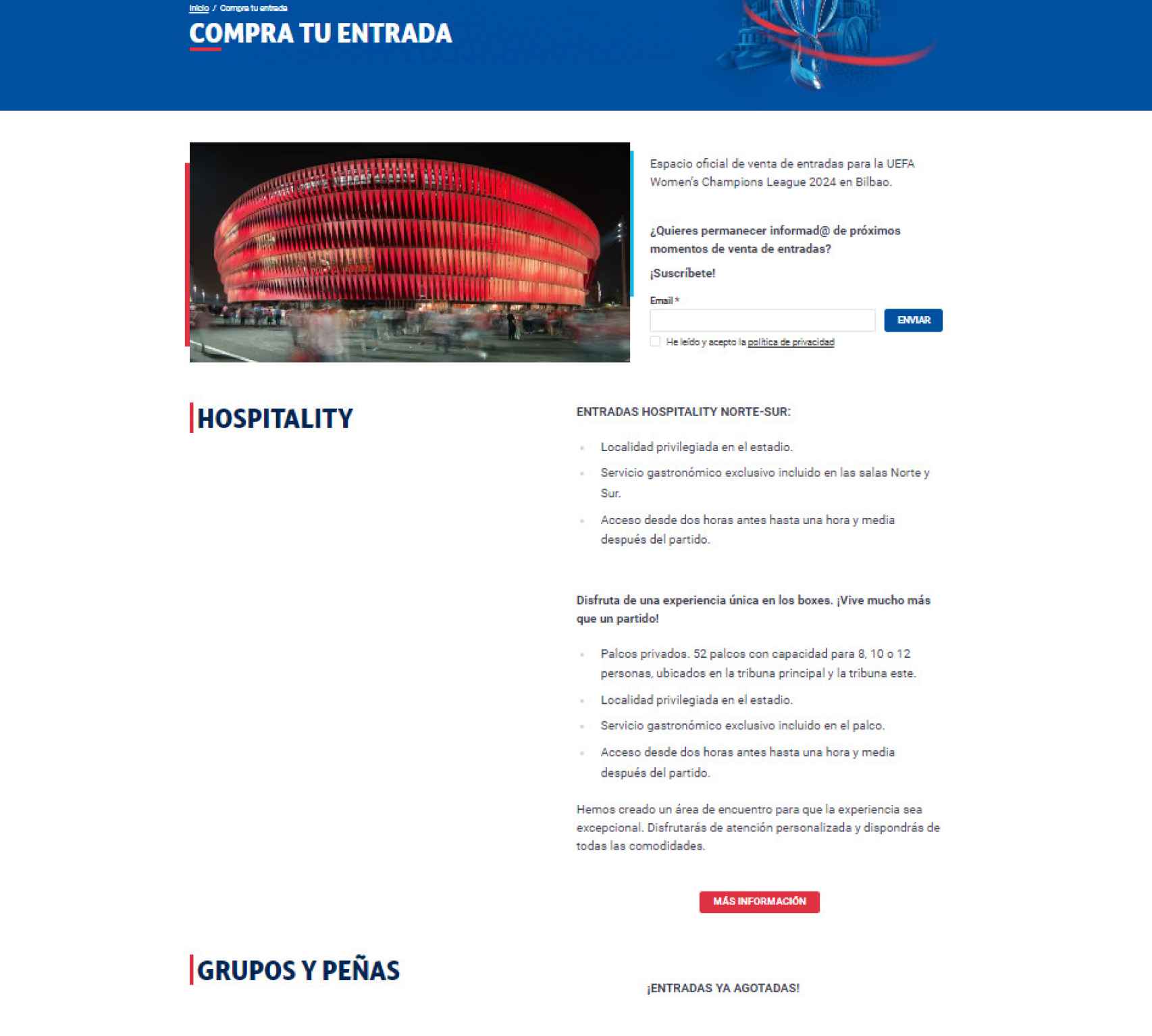 Web de la UEFA con el cartel de 'sold out' para las entradas de la final del Barça Femenino en Bilbao