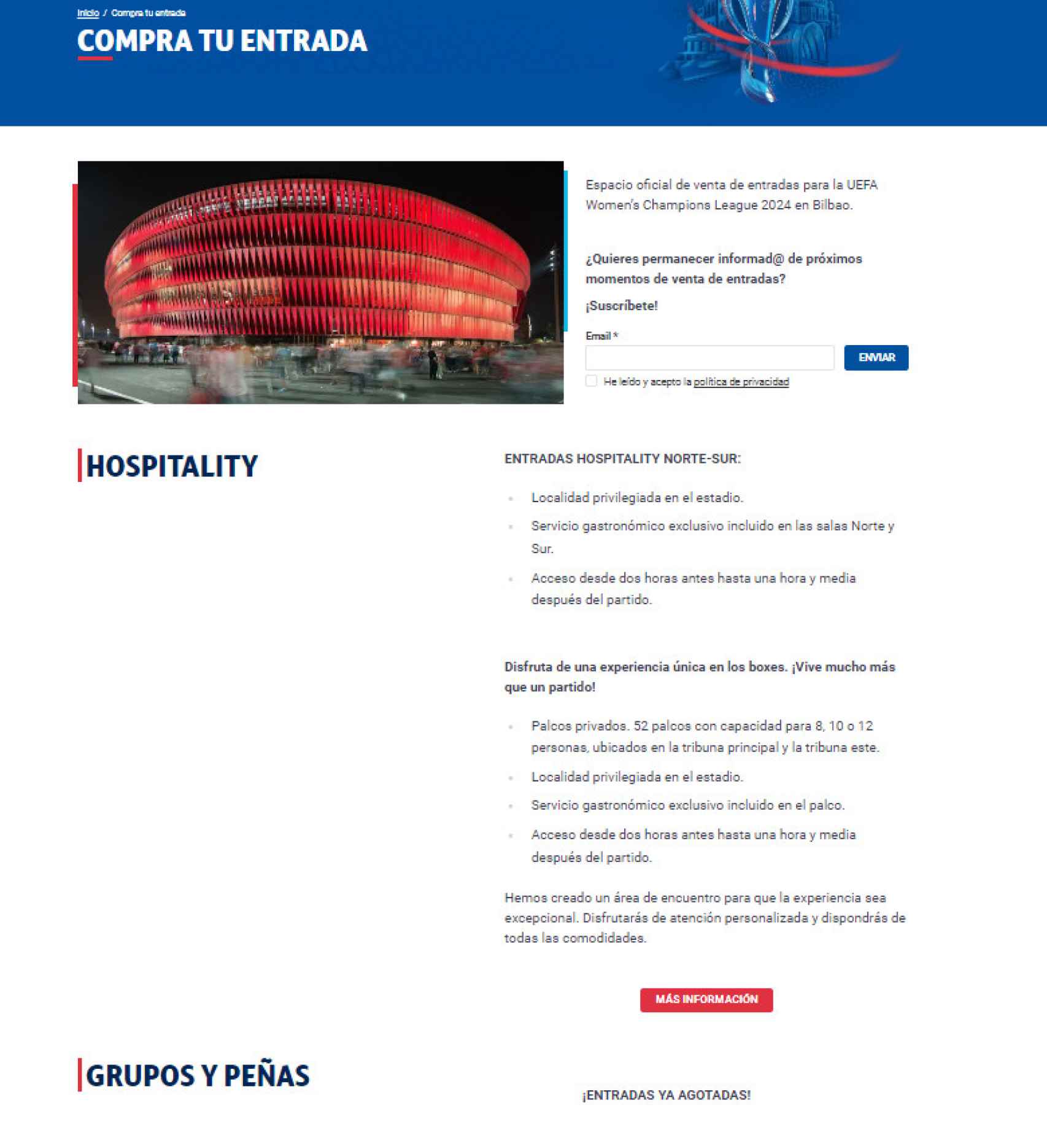 Web de la RFEF con el cartel de 'sold out' para las entradas de la final del Barça Femenino en Bilbao