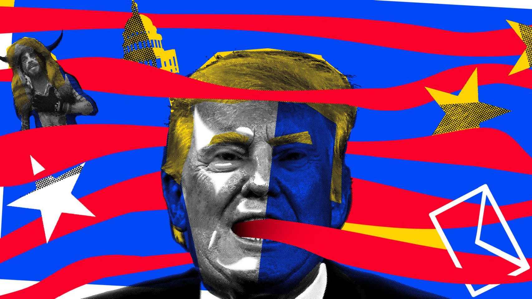 Imagen de Trump con la bandera americana y la española de fondo
