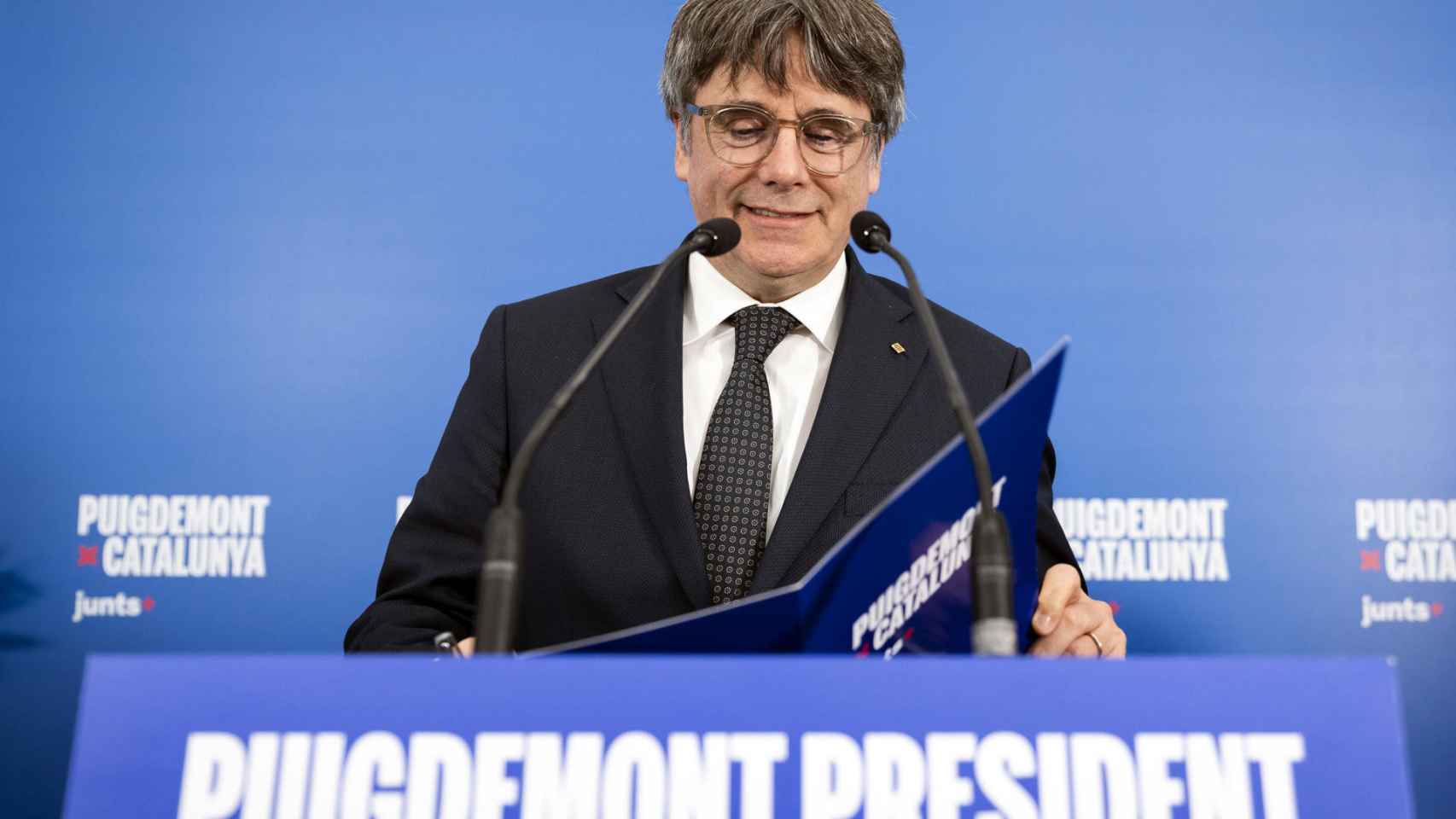 El candidato de Junts a la presidencia de la Generalitat, Carles Puigdemont, en un acto en Argelès (Francia)