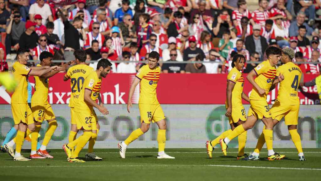 Los jugadores del Barça festejan el gol de Andreas Christensen en el derbi contra el Girona
