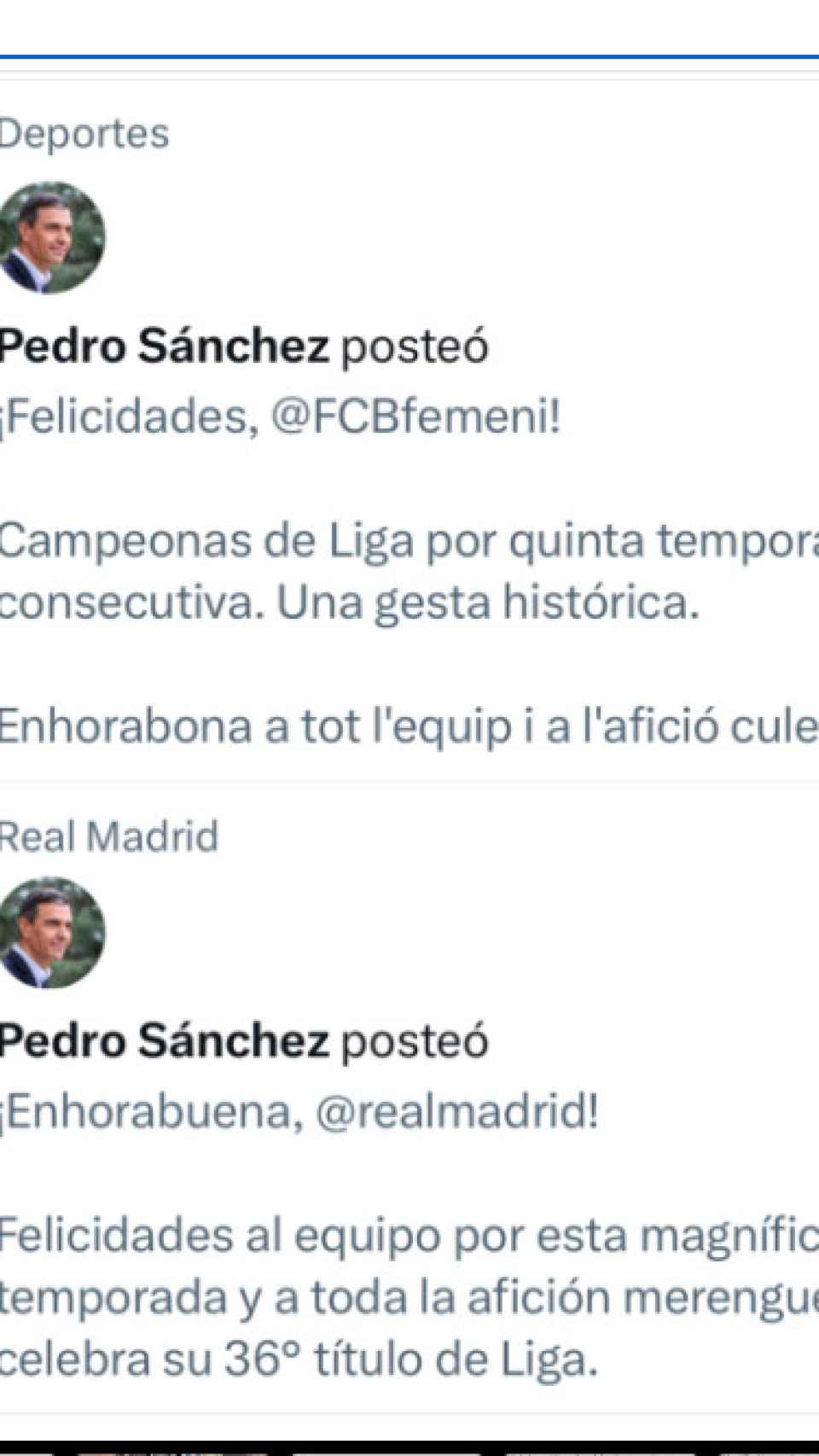 Tuit de Pedro Sánchez de felicitación al Barça Femenino y al Real Madrid