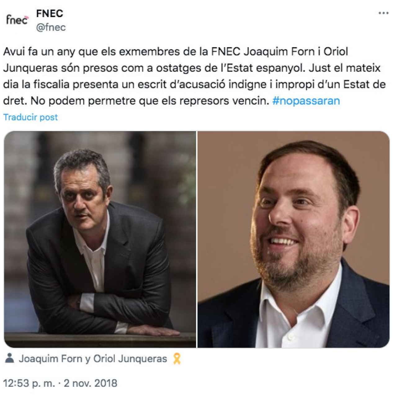 Tuit de la FNEC recordando a su exmiembros, Oriol Junqueras y Joaquim Forn