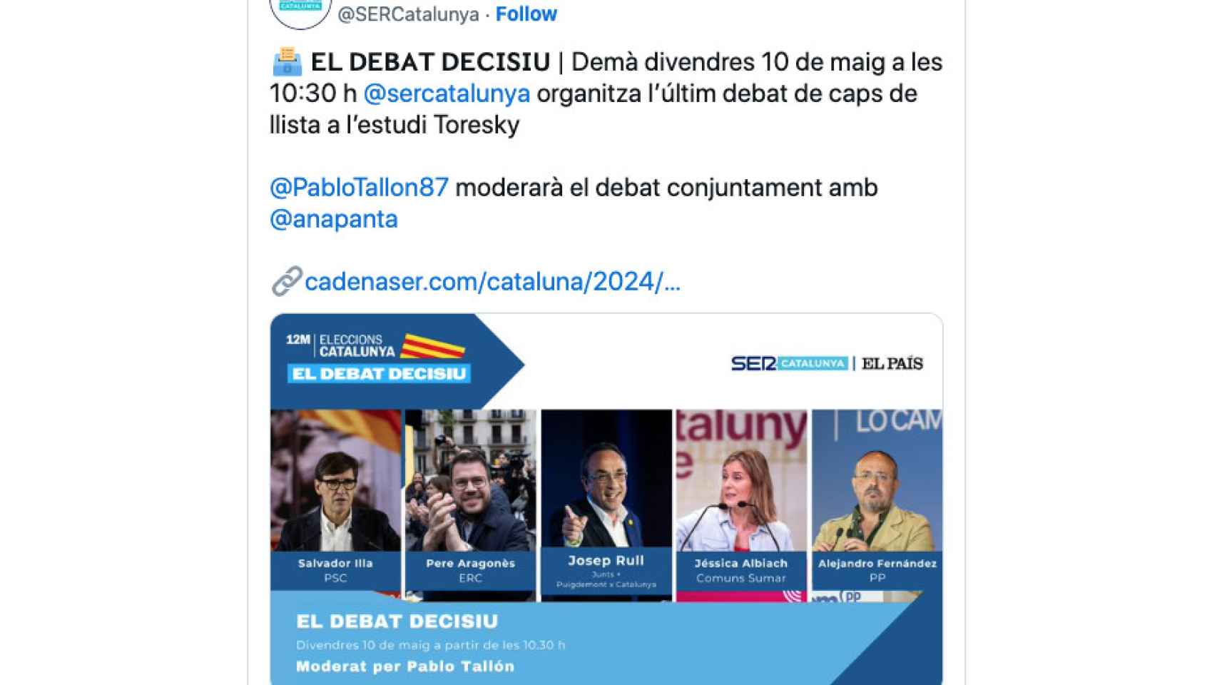 Tuit de SER Catalunya anunciando su debate con sólo cinco candidatos