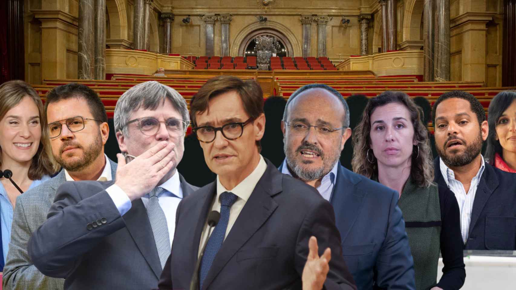 Jéssica Albiach, Pere Aragonès, Carles Puigdemont, Salvador Illa, Alejandro Fernández, Laia Estrada, Ignacio Garriga y Sílvia Orriols