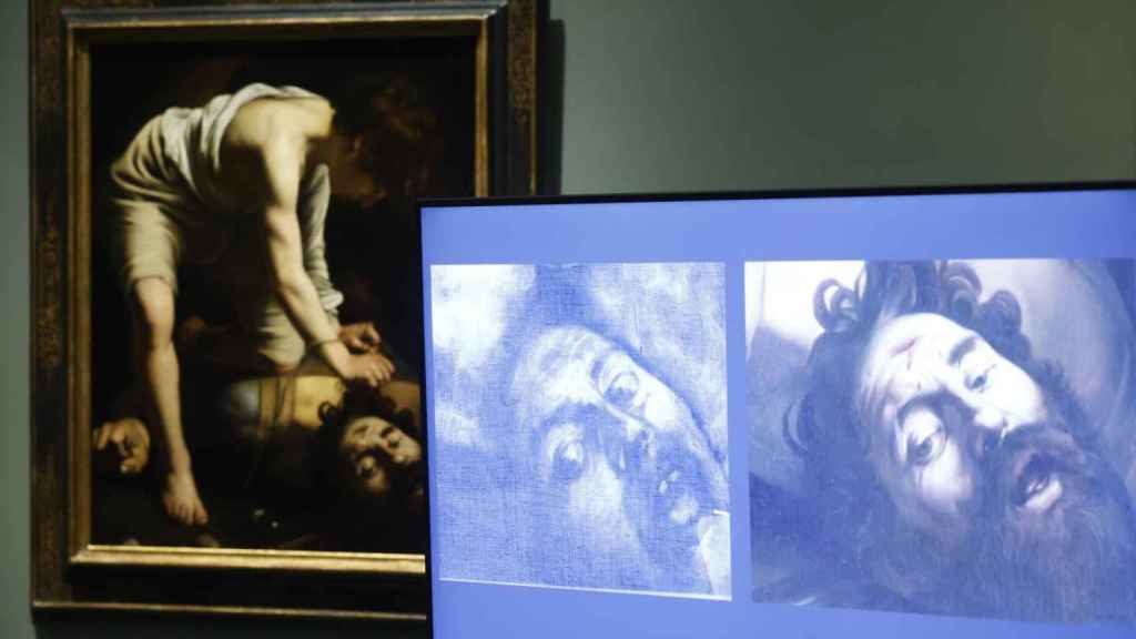 Presentación en el Museo del Prado de la restauración del 'David vencedor de Goliat' de Caravaggio, con las radiografías que muestran el rostro de horror inicial que acabó desechando.