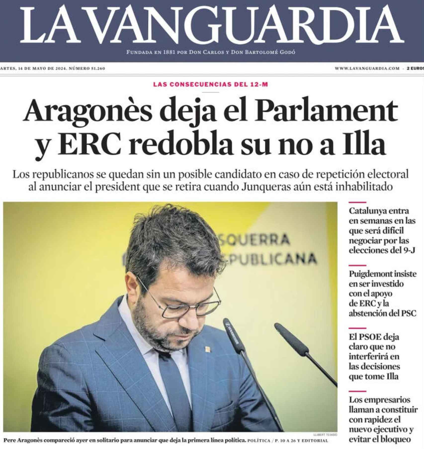 Portada de La Vanguardia, 14 de mayo de 2024