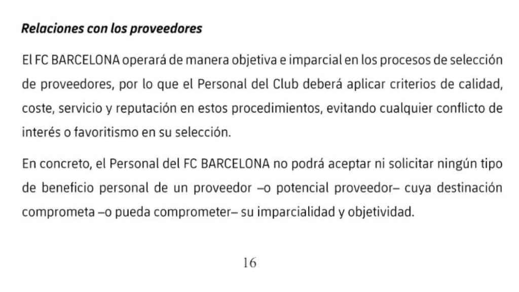 Codigo ético del FC Barcelona, página 16, 'Relaciones con los proveedores'