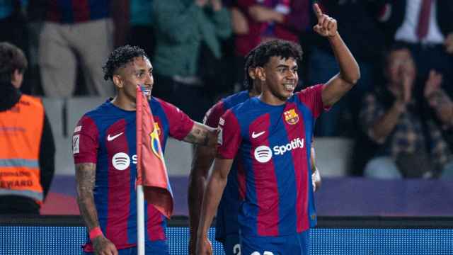 Lamine Yamal festeja un gol anotado en la victoria del Barça en Montjuïc