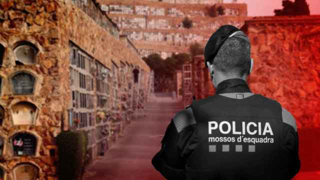 Montaje de un agente de los Mossos d'Esquadra sobre el cementerio de Montjuïc de Barcelona