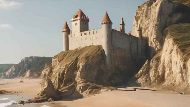 Castillo medieval en el acantilado de una playa generado con IA
