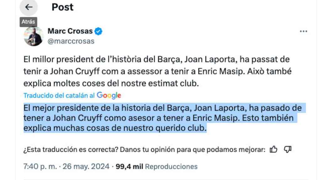 Tuit de Marc Crosas sobre la gestión de Laporta