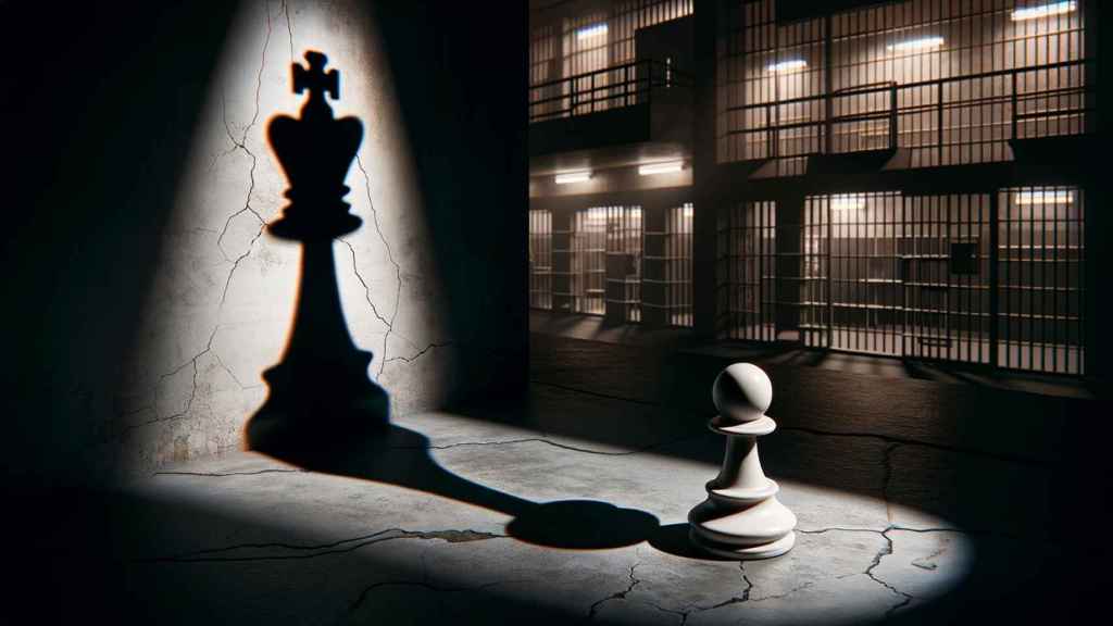 Un peón de ajedrez sobre el fondo de una prisión